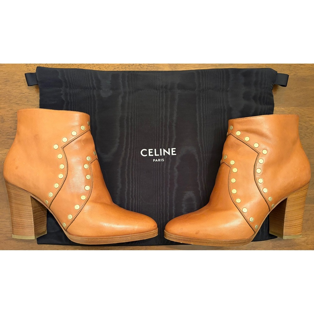 Celine‎ Tan Leather ClaudeAnkle Boots with Studs Brown Size 8 EXC COND!